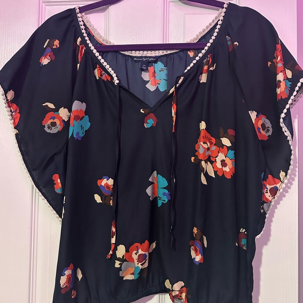 American Eagle Outfitters Blue Blouse with Relaxed Fit and Ruffled Sleeves
